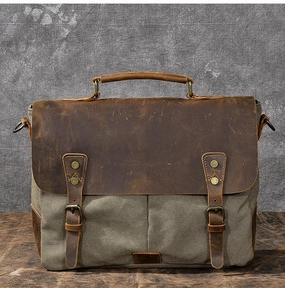 Durable Travel Compact Functionality Waxed Canvas Leather Mens 14" Large Side Bag Green Postman Bag Messenger Bag For Men