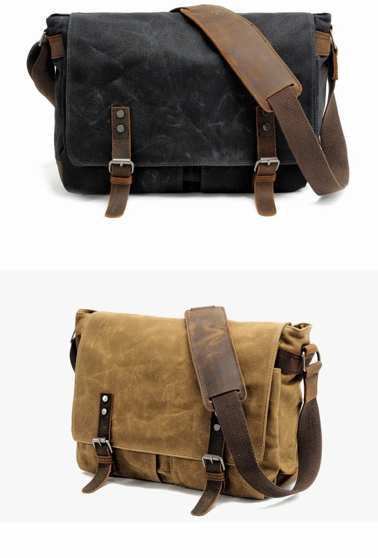 Minimal Utility Waxed Canvas Leather Mens Black Waterproof 14'' Camera Bag Gray Side Bag Messenger Bag Shoulder Bag For Men