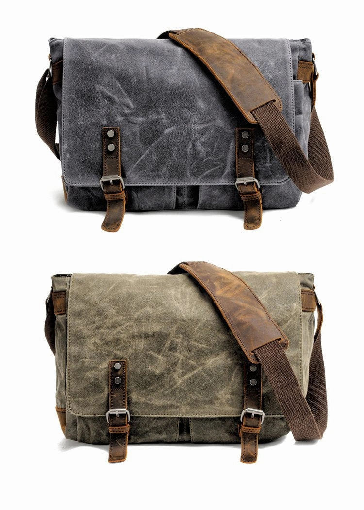 Versatile Design Waxed Canvas Leather Mens Black Waterproof 14'' Camera Bag Gray Side Bag Messenger Bag Shoulder Bag For Men