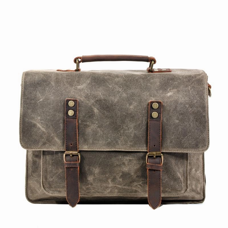Outdoor Adventure Durable Utility Waxed Canvas Leather Mens Green Casual 14???? Briefcase Handbag Messenger Bag Side Bag For Men