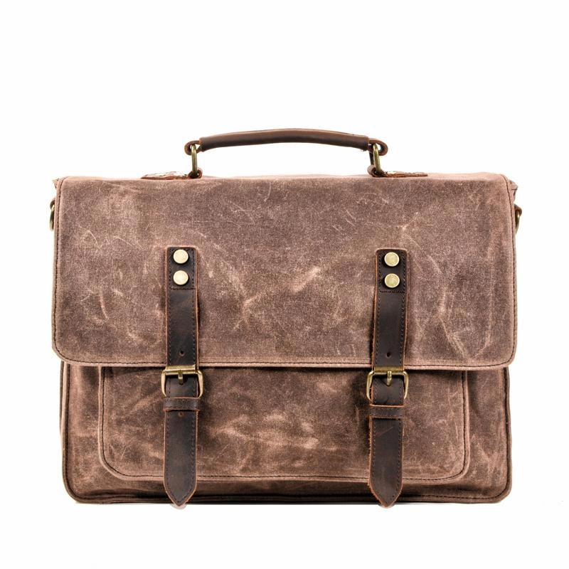 Waxed Canvas Leather Mens Green Casual 14???? Briefcase Handbag Messenger Bag Side Bag For Men Lightweight Gear Everyday Essential