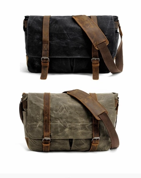 Waxed Canvas Leather Mens Waterproof 14'' Camera Bags Black Side Bag Messenger Bag Shoulder Bag For Men Casual Style Durable Utility