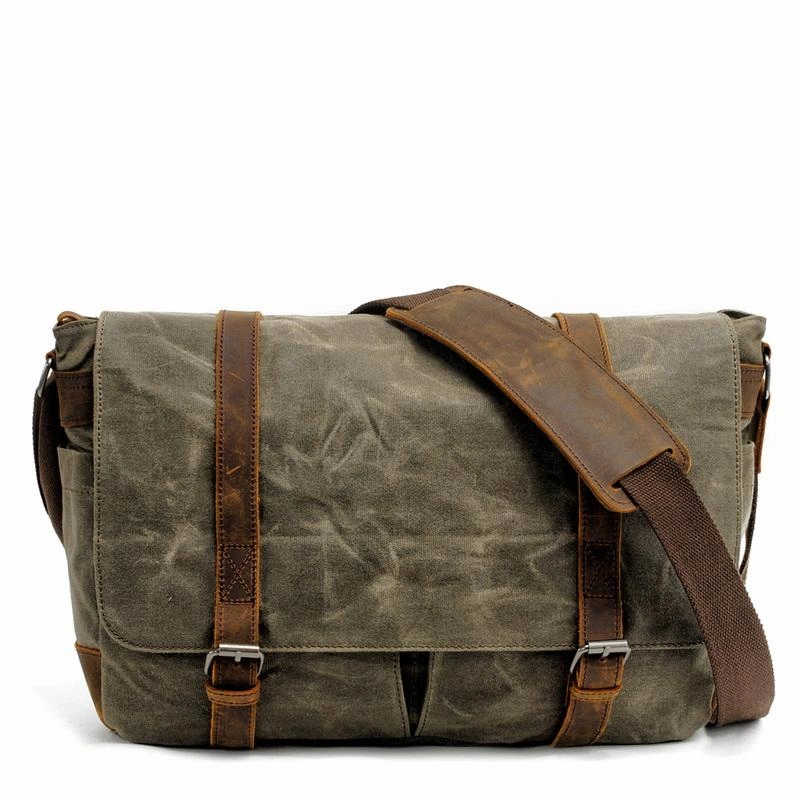 Waxed Canvas Leather Mens Waterproof 14'' Computer Black Side Bag Messenger Bag For Men Modern Everyday