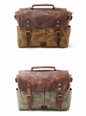 Waxed Canvas Leather Mens Waterproof Black 14???? Camera Bag Shoulder Bag Messenger Bag For Men Elegant Finish