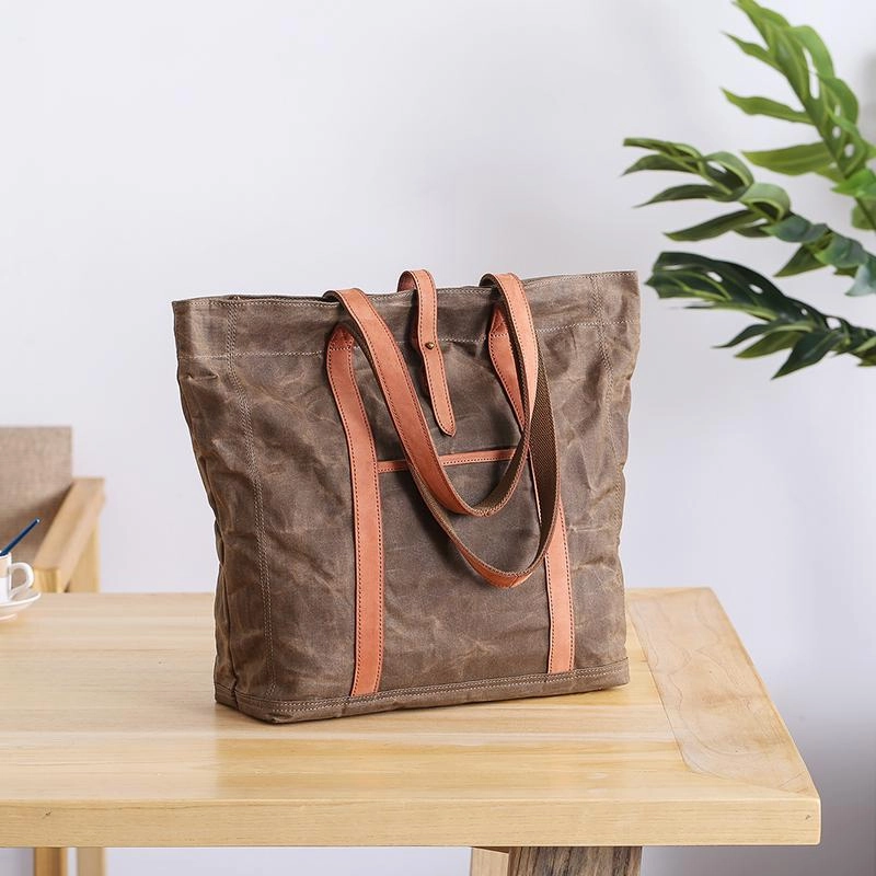 Practical Design Waxed Leather Mens Womens Black 14'' Waterproof Tote Bag Handbag Tote Bag Shoulder Bag Tote Purse For Men