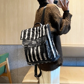 Active Function Lightweight Comfort Weather Ready Black$White Denim Backpack Bag Black$White Womens Denim Backpack Purse