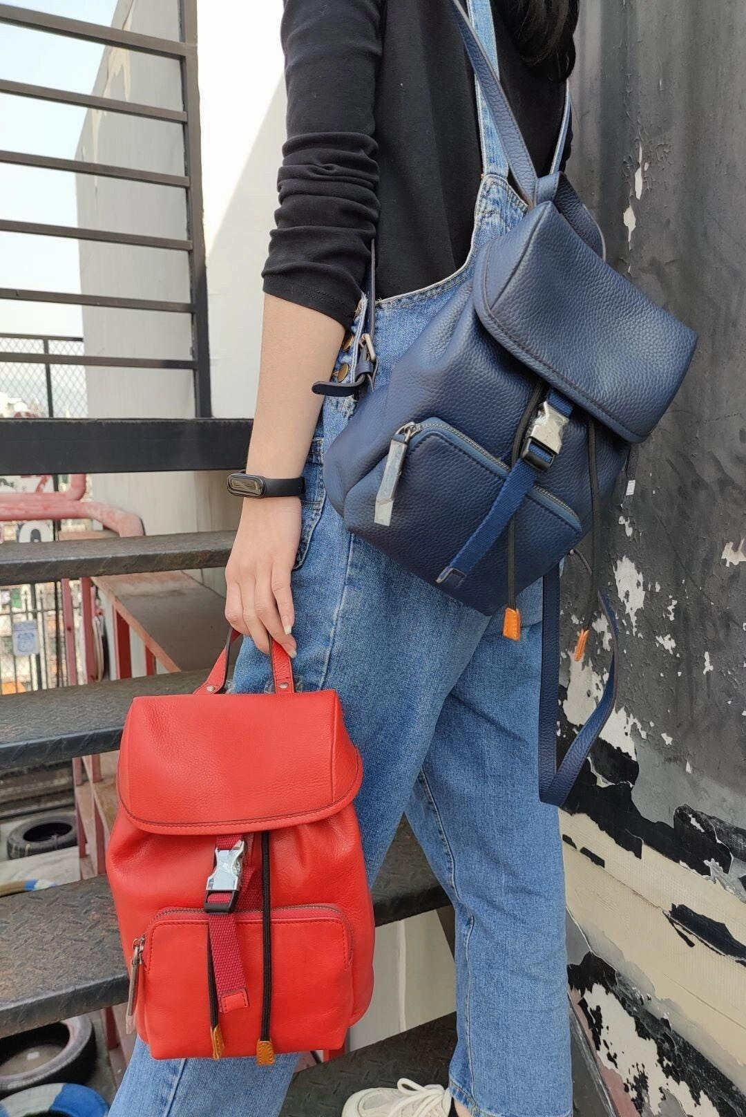 Business Travel Adventure Ready Cowhide Leather Small Backpack Women, Drawstring Opening Backpack, Handcrafted Leather Backpack Blue, Brown, Coffee