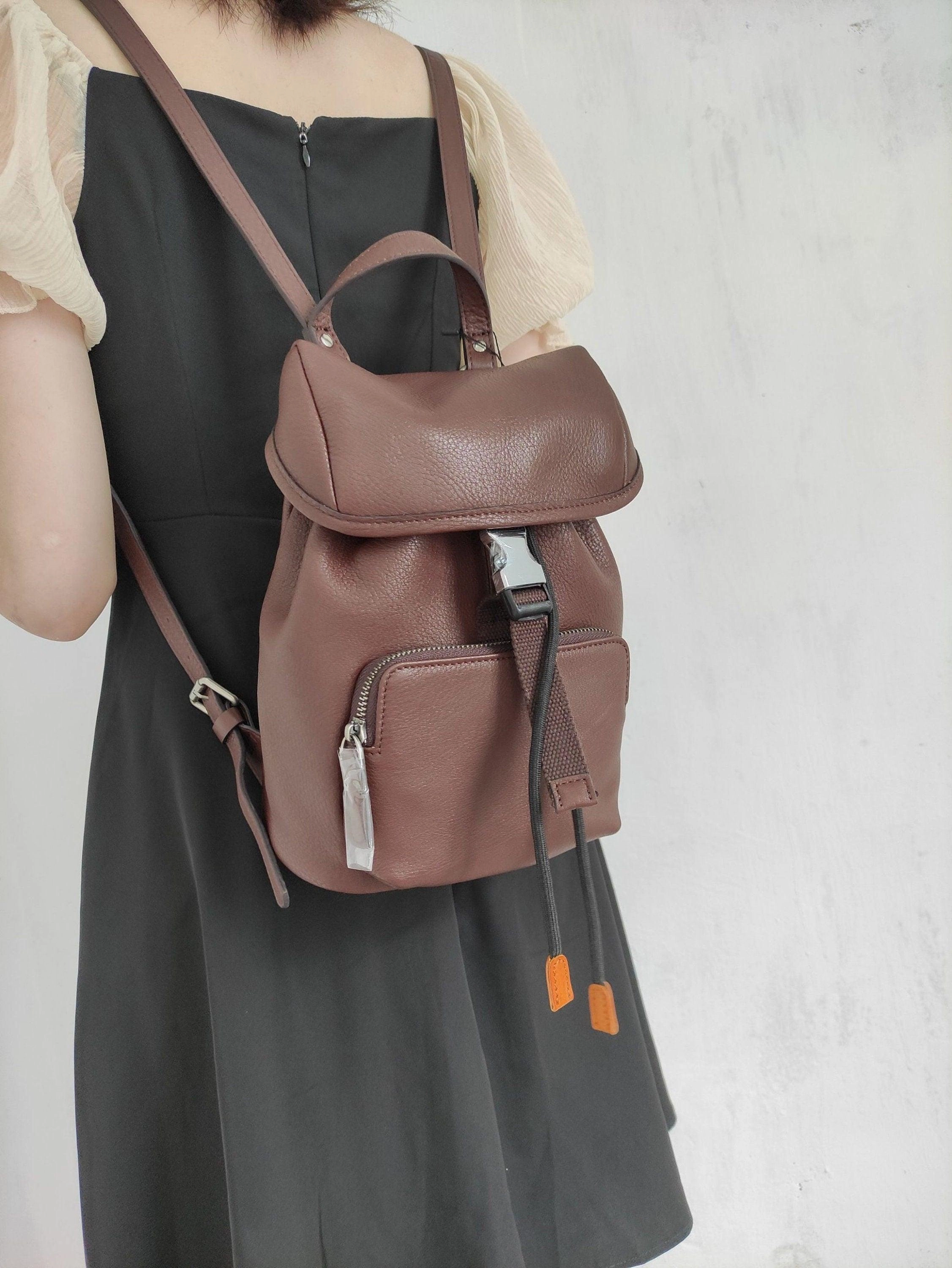 Cowhide Leather Small Backpack Women, Drawstring Opening Backpack, Handcrafted Leather Backpack Blue, Brown, Coffee Comfortable Design