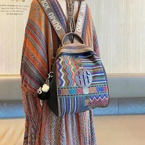 Casual Daypack Ergonomic Comfort Design Weekend Outing Black Gray Embroidery Canvas Boho Backpack Boho Crossbody Bag for Women