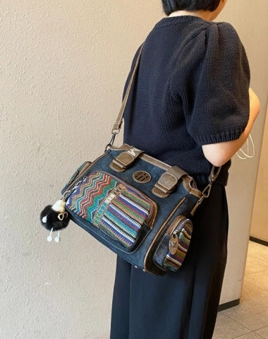 Premium material handbag Women Canvas Embroidery Boston Boho Crossbody Bag Handbag Black Gray Canvas Shoulder Boston Bag