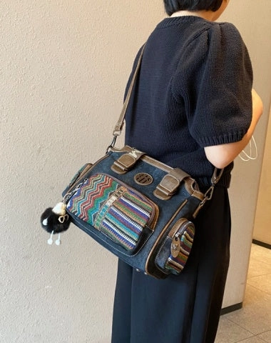 Women Canvas Embroidery Boston Boho Crossbody Bag Handbag Black Gray Canvas Shoulder Boston Bag Daily Companion