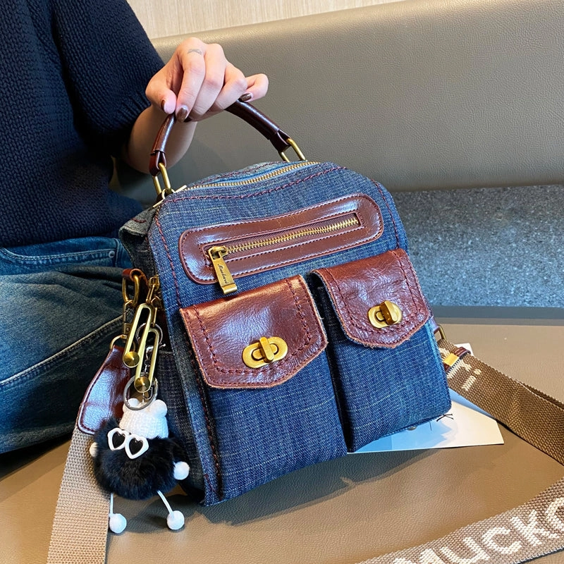 Chic Fashion Women Denim Crossbody Bag Convertible Denim Mini Backpack Bag Blue Convertible Denim Handbag Shoulder Bag