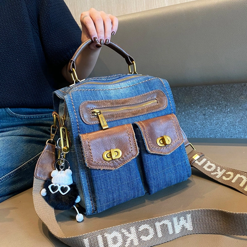 Travel Light Women Denim Crossbody Bag Convertible Denim Mini Backpack Bag Blue Convertible Denim Handbag Shoulder Bag