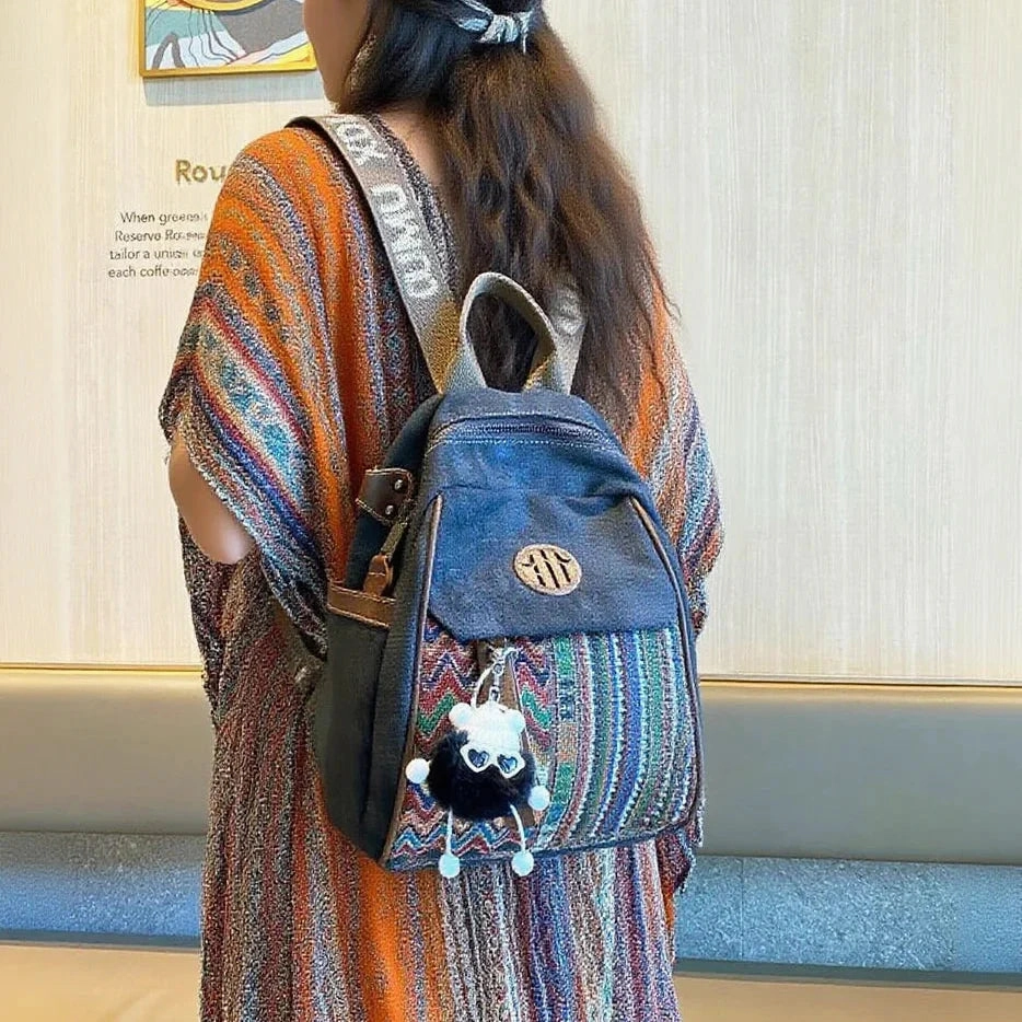 Women Embroidery Canvas Backpack Boho Style Backpack Vintage Convertible Boho Crossbody Bag Stylish Comfort Eco Friendly Travel Companion