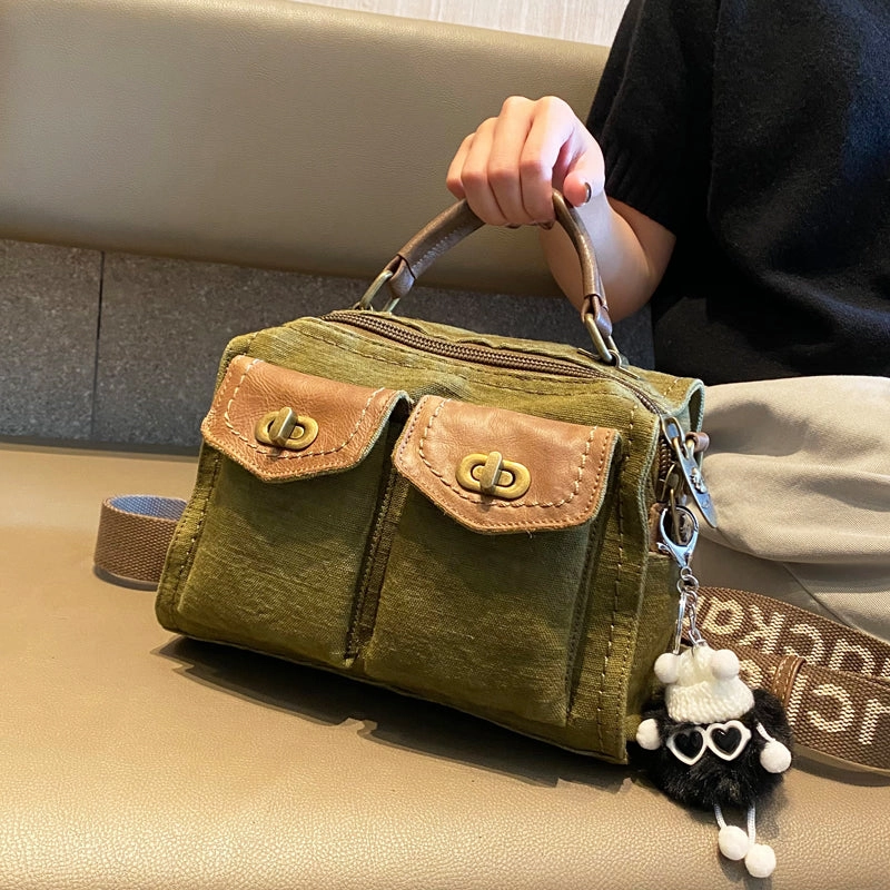 Evening Event Women Green Canvas Convertible Handbag Crossbody Bag With outside Pockets Canvas Convertible Backpack Shoulder Bag