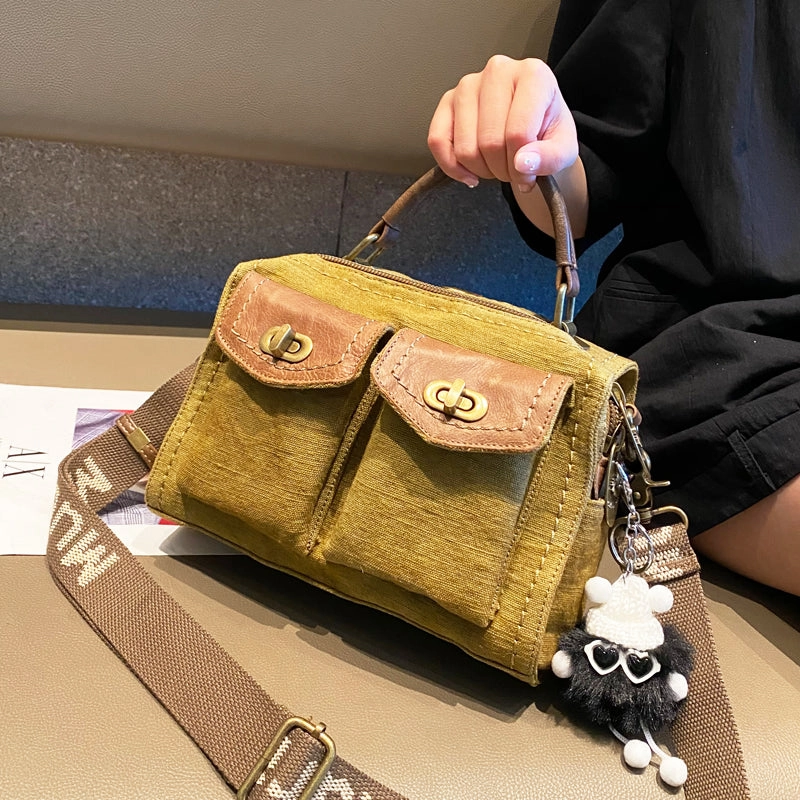 Lightweight Fashion Women Green Canvas Convertible Handbag Crossbody Bag With outside Pockets Canvas Convertible Backpack Shoulder Bag