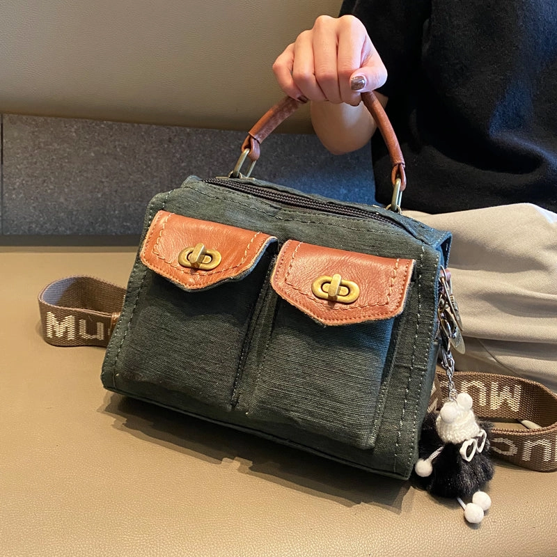 simple design Women Green Canvas Convertible Handbag Crossbody Bag With outside Pockets Canvas Convertible Backpack Shoulder Bag