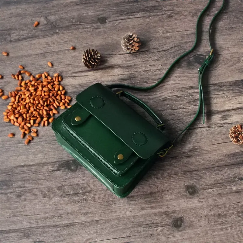 Daily Outfit Womens Green Leather Satchel Crossbody Bag Handmade School Handbag Shoulder Bag for Ladies