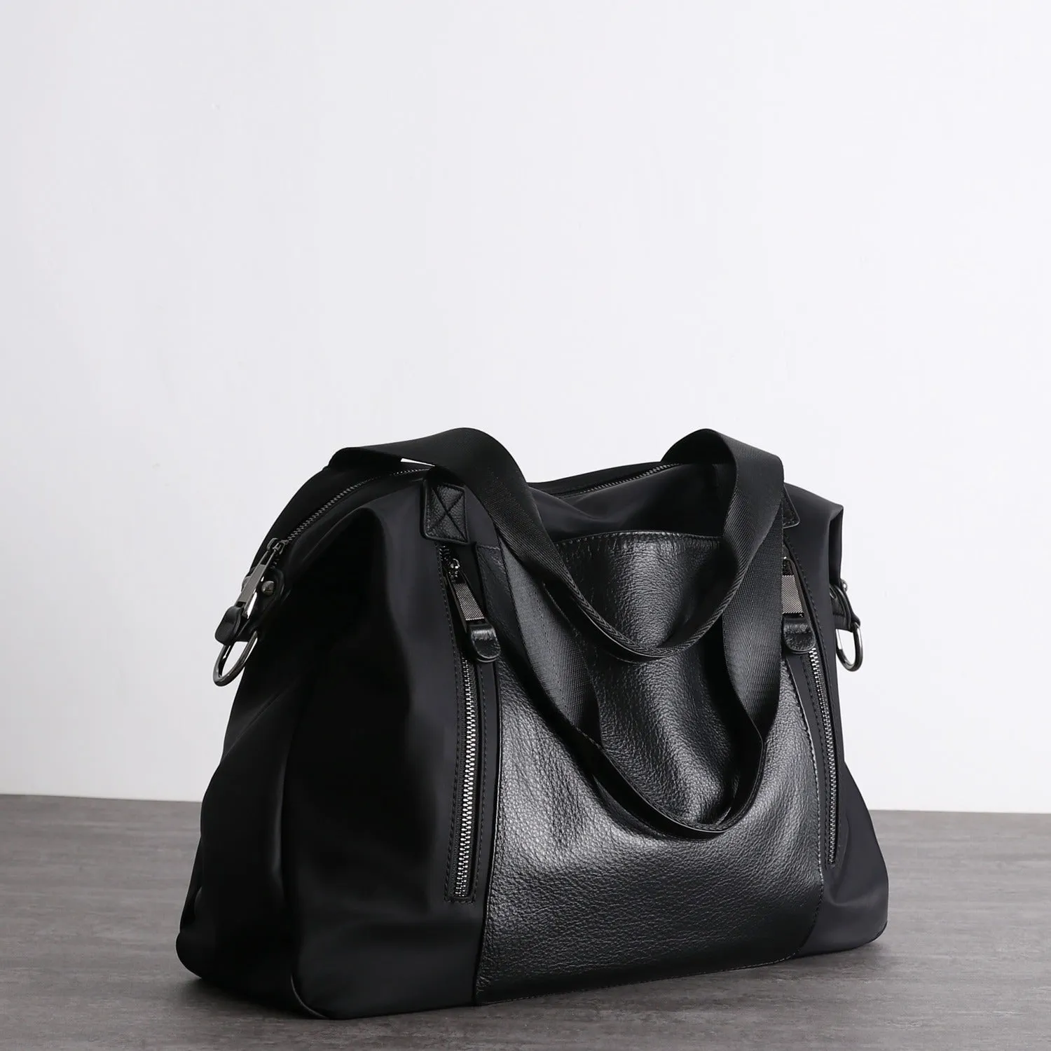 Womens Nylon Leather Work Handbags Mens Black Nylon 14'' Laptop Shoulder Purse for Ladies Trendy work satchel