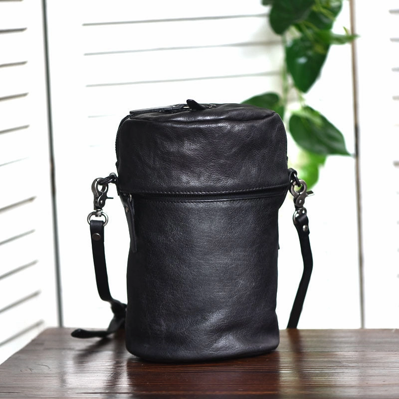 Womens Black Leather Bucket Crossbody Bag Purse Vintage Handmade Round Barrel Shoulder Bag for Women Compact Daily