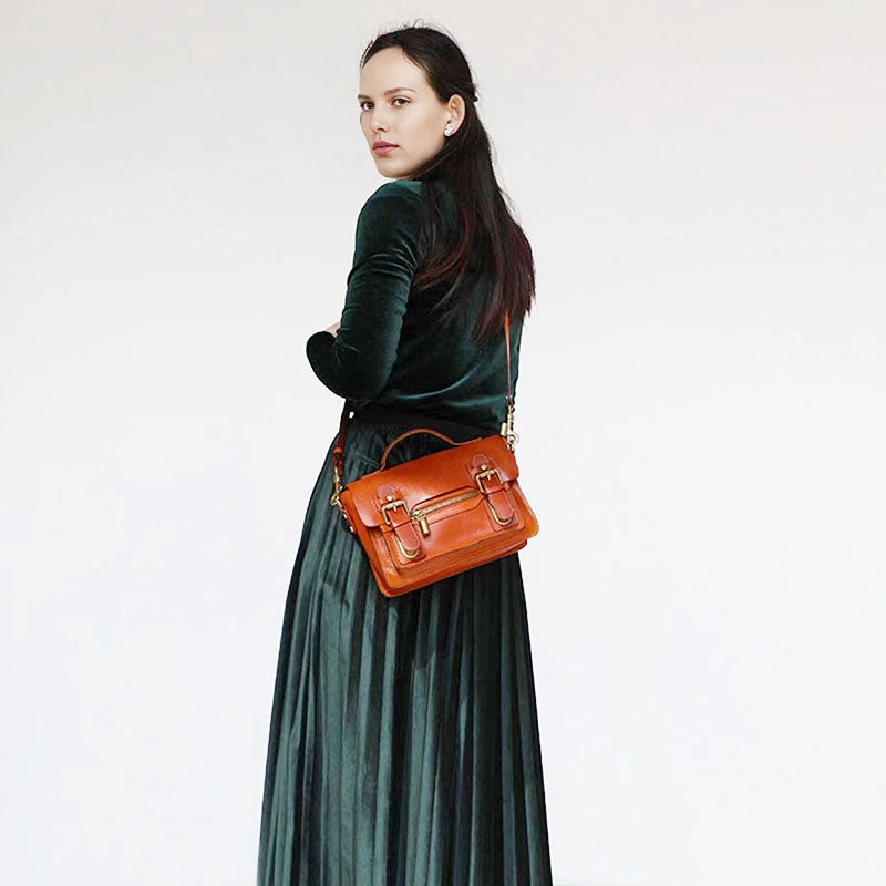 Womens Coffee Small Leather Satchel Crossbody Bag Vintage School Handbag Shoulder Bag for Ladies Minimal Aesthetic Everyday Organizer