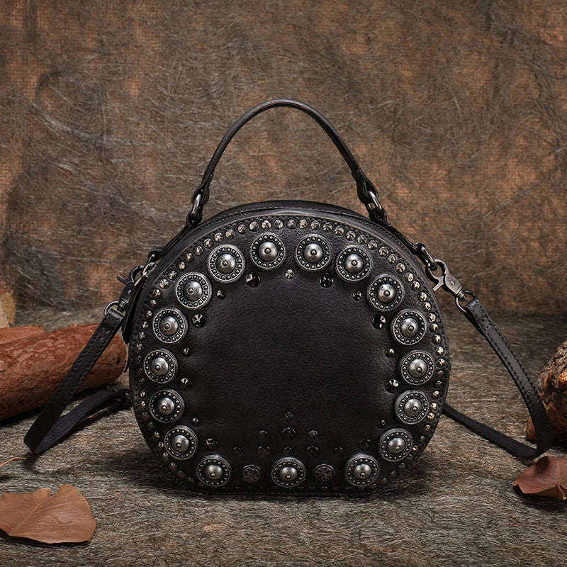Youthful Energy Womens Gray Leather Round Handbag Purses Rivet Round Handmade Shoulder Bag Crossbody Handbag for Women