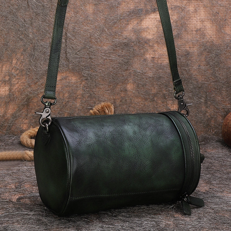 Womens Green Leather Barrel Shoulder Bag Purse Vintage Round Handbag Bucket Crossbody Purse for Women Leather Finish Travel Ready