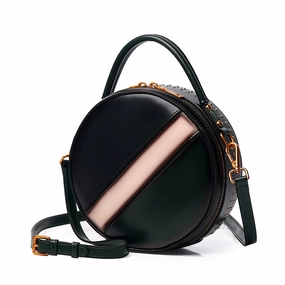 Winter Outfit Pastel Blue Womens Green Leather Round Handbag CONTRAST COLOR Crossbody Purse Green Round Shoulder Bag for Women