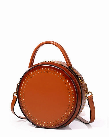 Womens Green Leather Round Handbag with Rivet Crossbody Purse Green Round Shoulder Bag for Women Luxury Touch