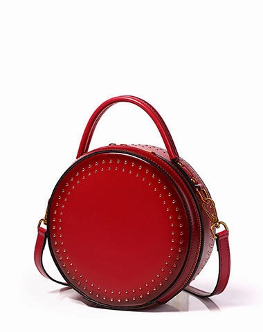 Practical Choice Trendy Outfit Womens Green Leather Round Handbag with Rivet Crossbody Purse Green Round Shoulder Bag for Women