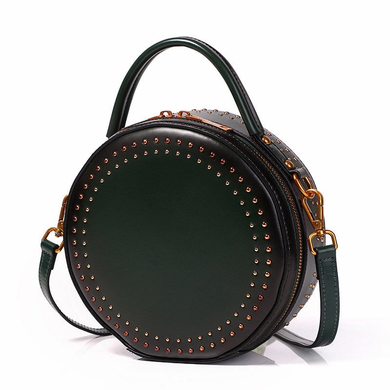 Womens Green Leather Round Handbag with Rivet Crossbody Purse Green Round Shoulder Bag for Women Luxury Detail