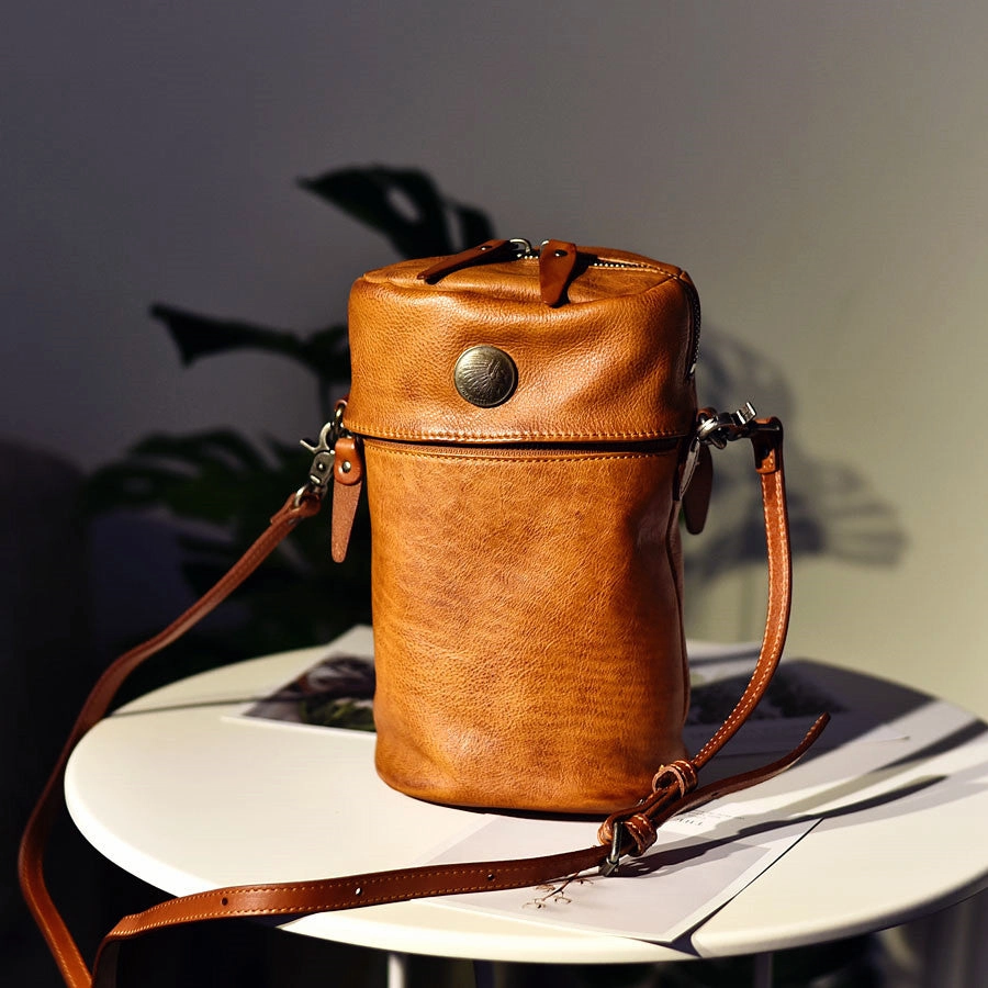 Womens Leather Bucket Crossbody Bag Purse Vintage Handmade Round Barrel Shoulder Bag for Women Functional utility Modern Handbag