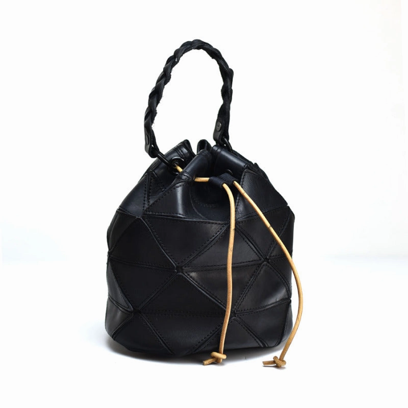 Womens Leather Bucket Shoulder Bag Purse Vintage Split Joint Barrel Round Handbag Crossbody Purse for Women Trendy Design