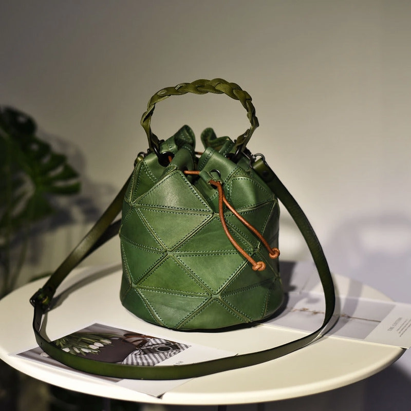 Womens Leather Bucket Shoulder Bag Purse Vintage Split Joint Barrel Round Handbag Crossbody Purse for Women Urban Feel Lightweight Bag