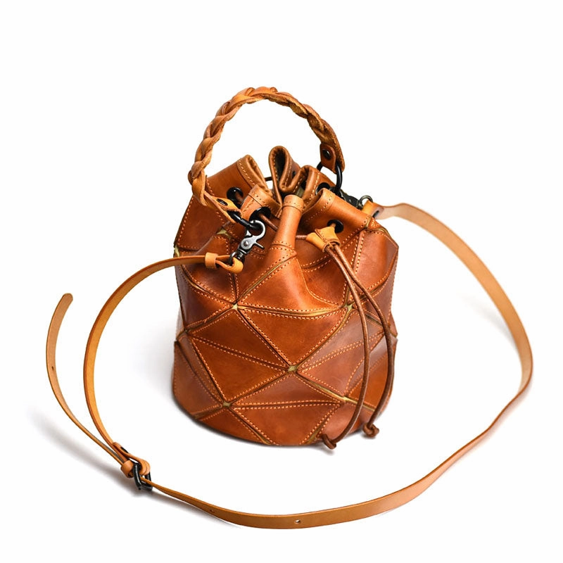Womens Leather Bucket Shoulder Bag Purse Vintage Split Joint Barrel Round Handbag Crossbody Purse for Women Streetwear Inspired
