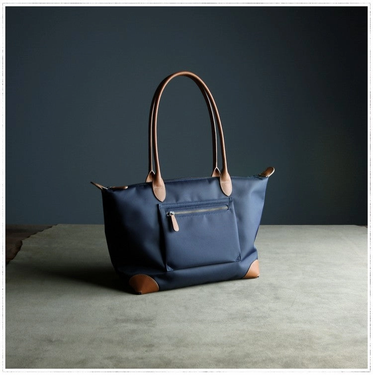 Fashion Icon Refined Accent Womens Navy&Brown Nylon Shoulder Tote Medium Dark Blue Nylon&Brown Handbag Purse for Ladies