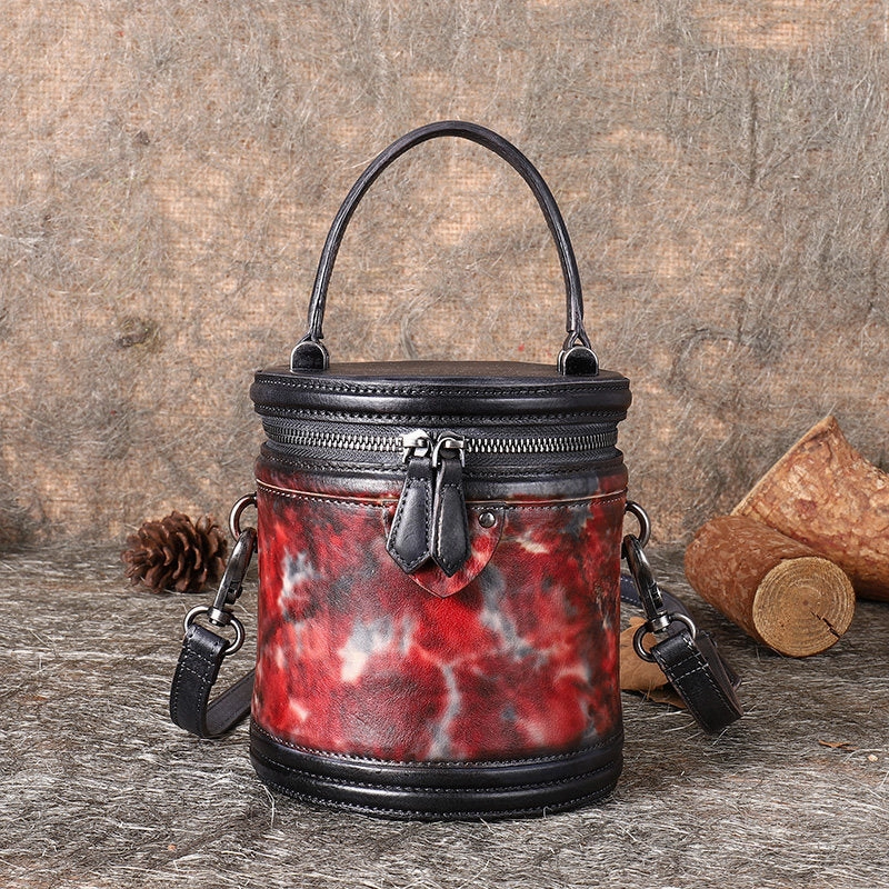 Womens Purple Leather Barrel Handbag Purses Vintage Handmade Round Shoulder Bag Bucket Crossbody Handbag for Women Functional Carry Everyday handbag