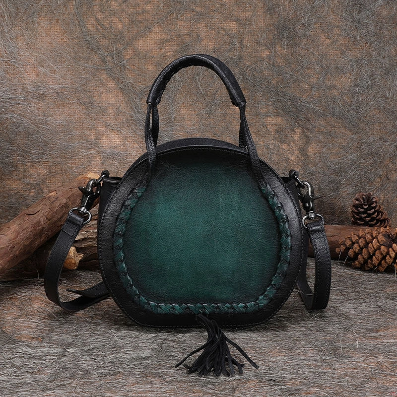 Elegant Silhouette Womens Purple Leather Round Handbag Purses with Tassels Vintage Handmade Round Shoulder Bag Crossbody Handbag for Women