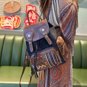 Easy Carry Womens Vintage Boho Style Backpack Black Gray Embroidery Canvas Backpack Boho Backpack Quick Open