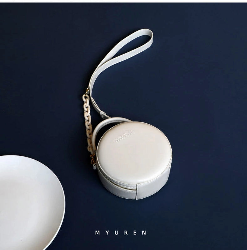 Womens White Leather Round Handbag Small Chain Crossbody Purse Round Shoulder Bag for Women Comfortable Style