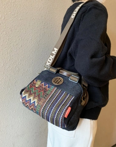 Beach Ready Women Canvas Embroidery Boho Shoulder Bag Handbag Black Gray Canvas Boho Crossbody Bag