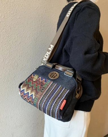 Water Resistant Women Canvas Embroidery Boho Shoulder Bag Handbag Black Gray Canvas Boho Crossbody Bag