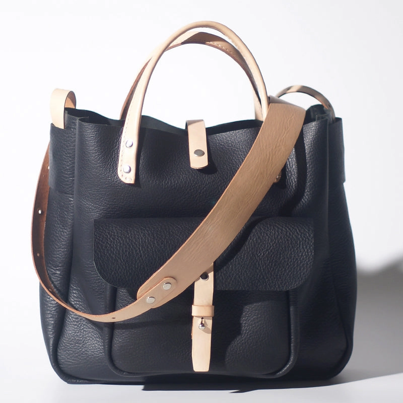 Handmade Leather Black Small Womens Tote Handbag Shopper Purse for Women Refined Geometry