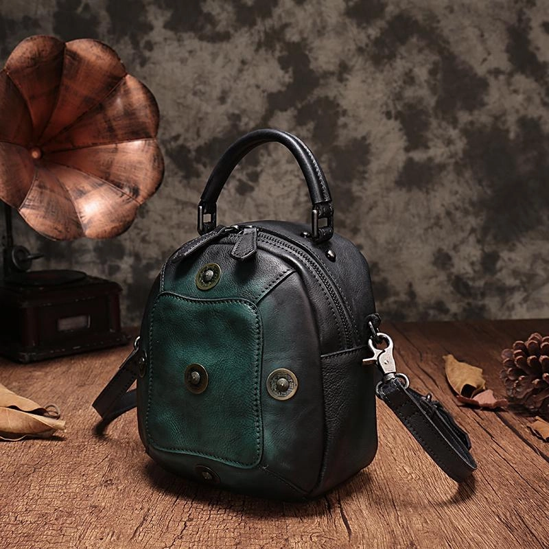Vintage Red Geometric Womens Leather Round Brown Handbag Box Shoulder Bag Purse for Ladies Smart Function